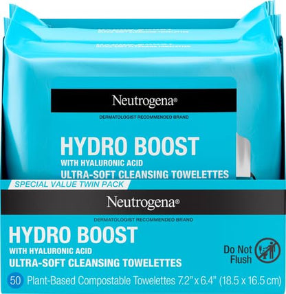 Neutrogena Hydro Boost Cleansing Wipes Makeup Remover for Face Micellar Gently Removes Oil, Dirt, and Waterproof Makeup Daily with Hydrating Hyaluronic Acid, 25 ct