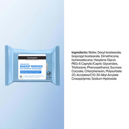 Neutrogena Makeup Remover Wipes for Face Daily, Fragrance-Free, Gently Removes Oil, Dirt, and Waterproof Makeup in a Simple Fully Plant-Based Cloth, 25 ct
