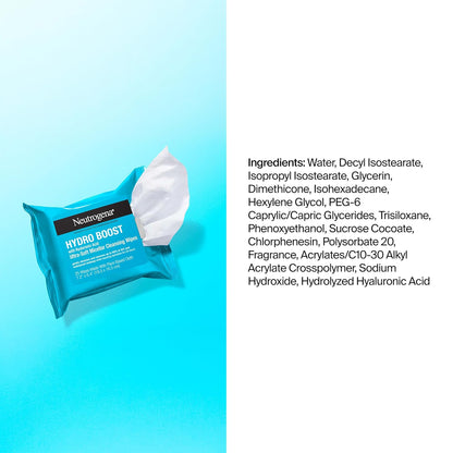 Neutrogena Hydro Boost Cleansing Wipes Makeup Remover for Face Micellar Gently Removes Oil, Dirt, and Waterproof Makeup Daily with Hydrating Hyaluronic Acid, 25 ct