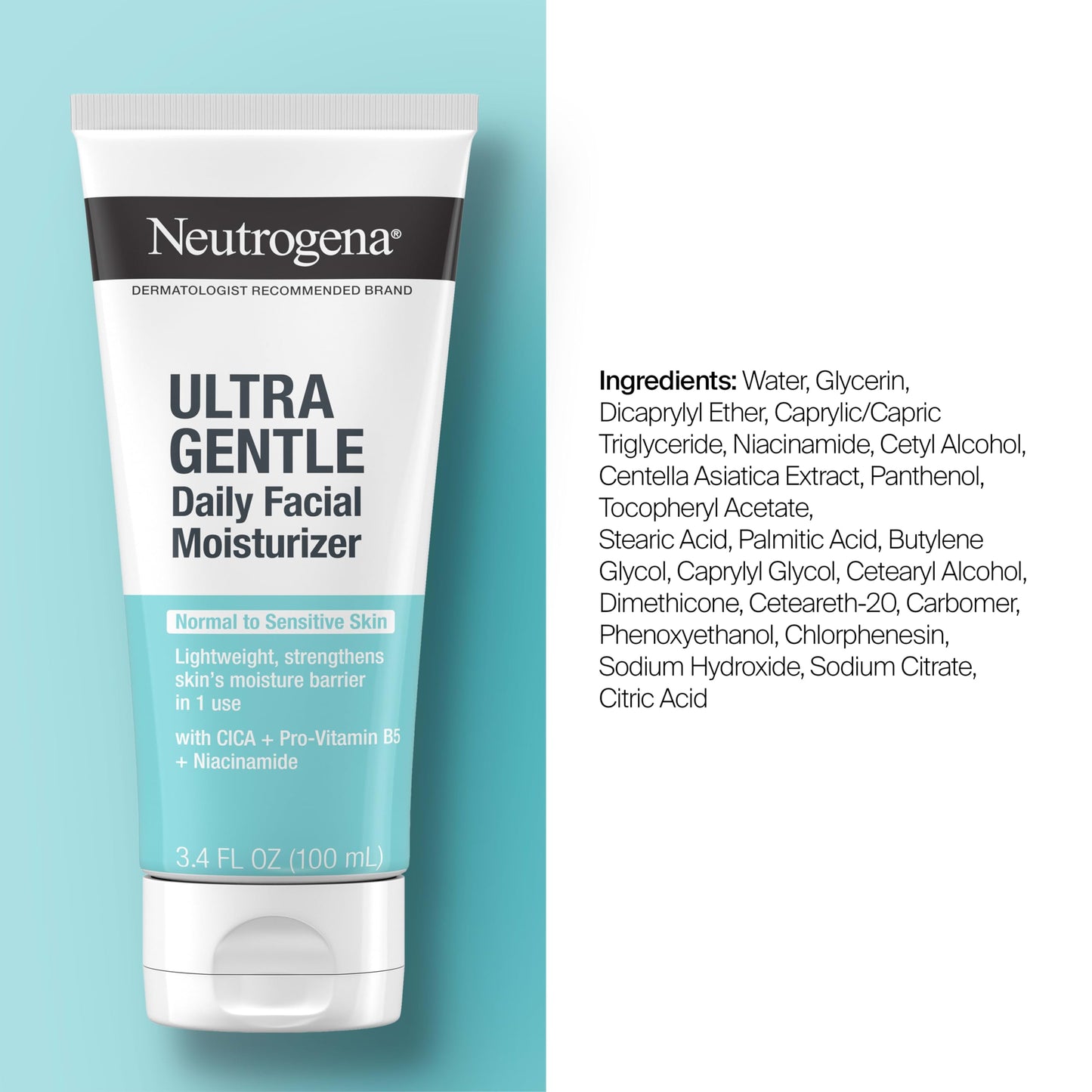 Neutrogena Face Moisturizer Ultra Gentle Daily Face Moisturizer for Sensitive Skin with Vitamin B3, Pro-Vitamin B5, and Vitamin E, Hydrating Moisturizer, 3.4 fl oz