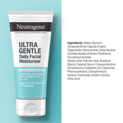 Neutrogena Face Moisturizer Ultra Gentle Daily Face Moisturizer for Sensitive Skin with Vitamin B3, Pro-Vitamin B5, and Vitamin E, Hydrating Moisturizer, 3.4 fl oz