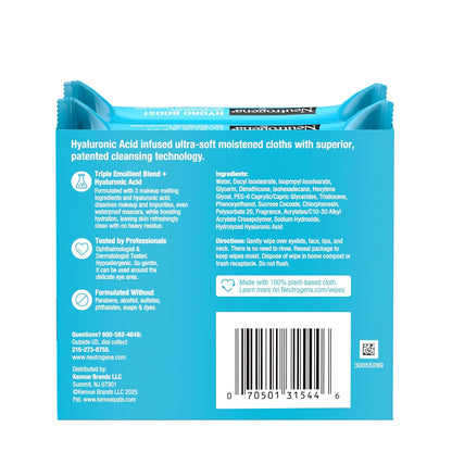 Neutrogena Hydro Boost Cleansing Wipes Makeup Remover for Face Micellar Gently Removes Oil, Dirt, and Waterproof Makeup Daily with Hydrating Hyaluronic Acid, 25 ct