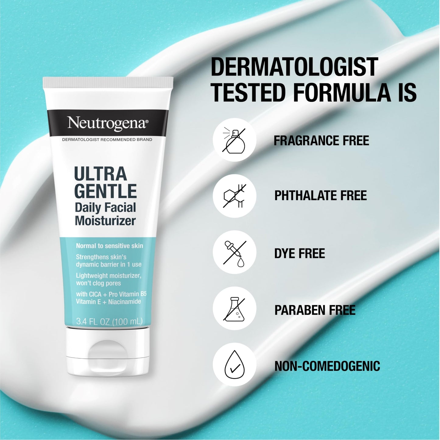 Neutrogena Face Moisturizer Ultra Gentle Daily Face Moisturizer for Sensitive Skin with Vitamin B3, Pro-Vitamin B5, and Vitamin E, Hydrating Moisturizer, 3.4 fl oz