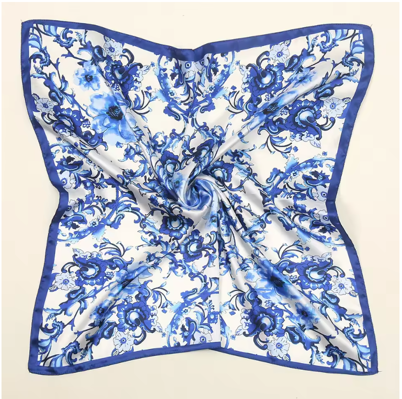 68cm Floral Pomegranate Silk Scarf for Women Imitation Silk Light Blue Simple Versatile Headwear Clothing Square Scarf
